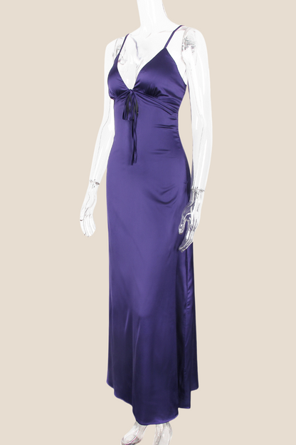 Plunge Neck Pink Back Tie Long Dress