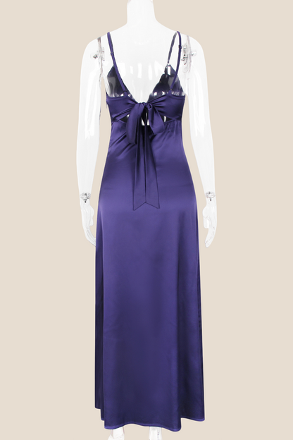Plunge Neck Pink Back Tie Long Dress
