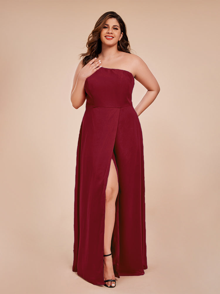 Plus Size One Shoulder Side Slit Chiffon Bridesmaid Dress