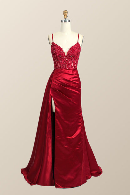 Straps Red Lace and Satin Mermaid Formal Dress