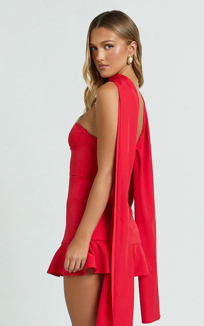 Rhea Mini Dress Strapless Bustier Fit Bodice Drop Waist Frill Hem Skirt in Raspberry