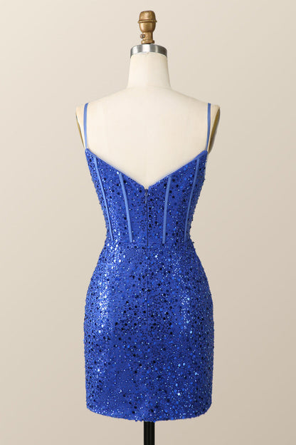 Straps Royal Blue Sequin Tight Mini Dress
