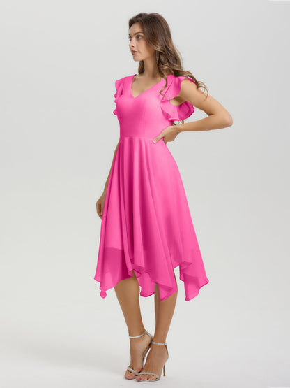 Ruffle Sleeves V-neck Asymmetrical Tea Length Chiffon Bridesmaid Dresses