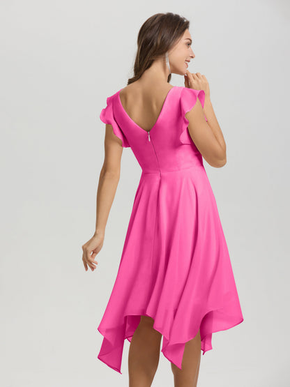 Ruffle Sleeves V-neck Asymmetrical Tea Length Chiffon Bridesmaid Dresses