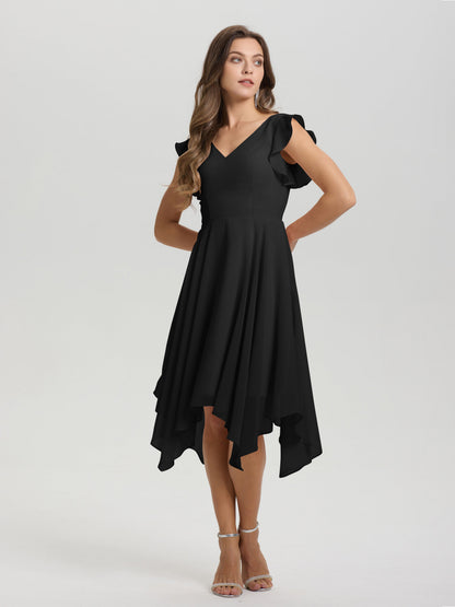 Ruffle Sleeves V-neck Asymmetrical Tea Length Chiffon Bridesmaid Dresses