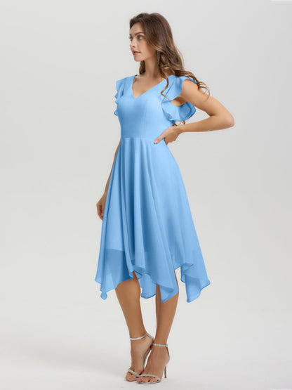 Ruffle Sleeves V-neck Asymmetrical Tea Length Chiffon Bridesmaid Dresses