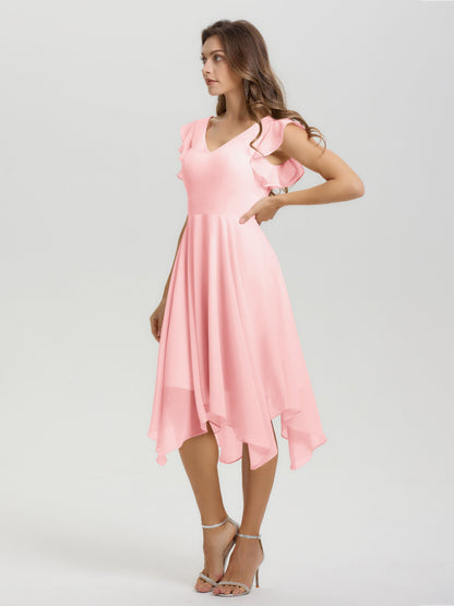 Ruffle Sleeves V-neck Asymmetrical Tea Length Chiffon Bridesmaid Dresses