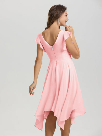 Ruffle Sleeves V-neck Asymmetrical Tea Length Chiffon Bridesmaid Dresses