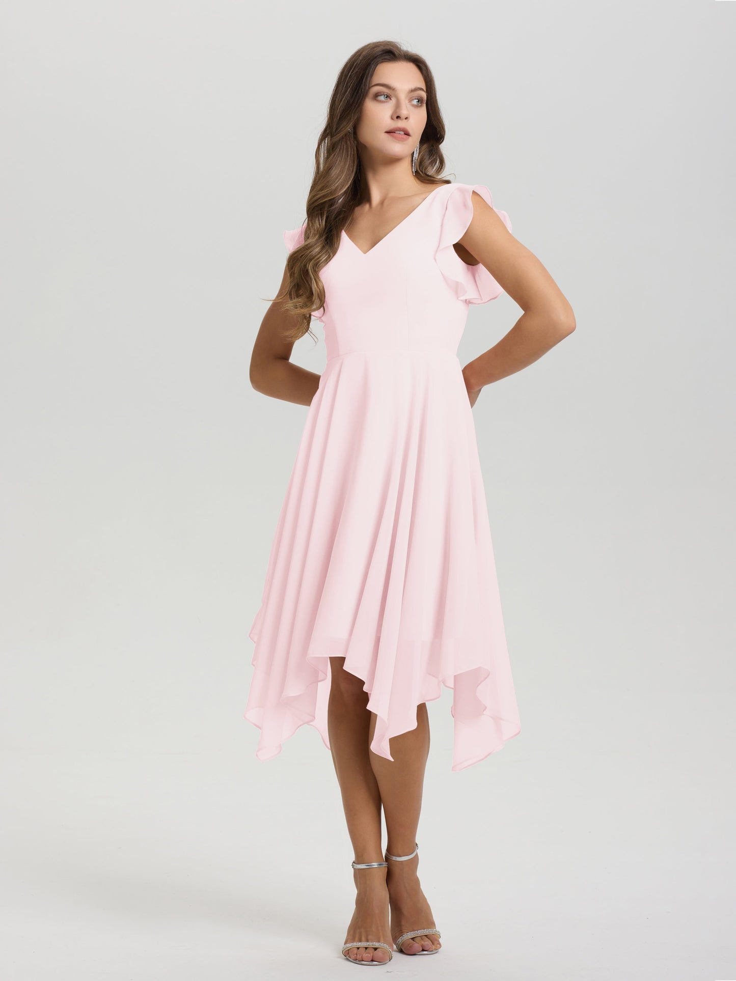 Ruffle Sleeves V-neck Asymmetrical Tea Length Chiffon Bridesmaid Dresses