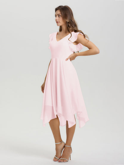 Ruffle Sleeves V-neck Asymmetrical Tea Length Chiffon Bridesmaid Dresses