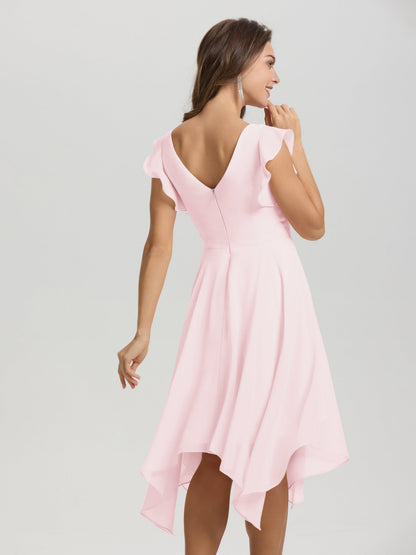 Ruffle Sleeves V-neck Asymmetrical Tea Length Chiffon Bridesmaid Dresses