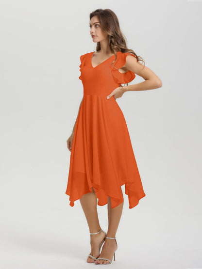 Ruffle Sleeves V-neck Asymmetrical Tea Length Chiffon Bridesmaid Dresses