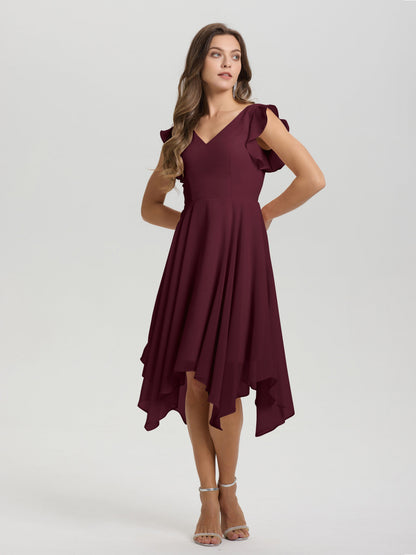 Ruffle Sleeves V-neck Asymmetrical Tea Length Chiffon Bridesmaid Dresses