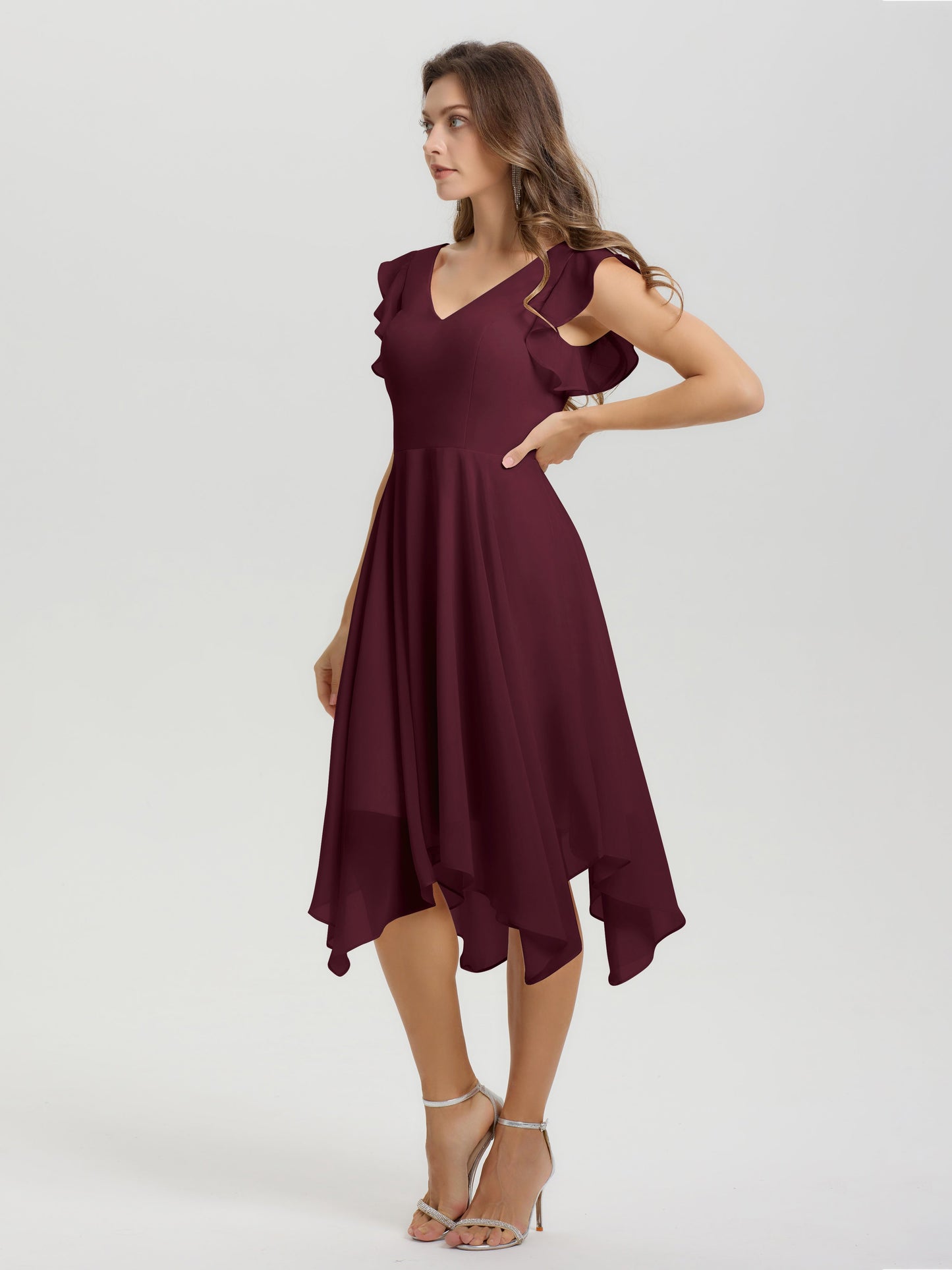 Ruffle Sleeves V-neck Asymmetrical Tea Length Chiffon Bridesmaid Dresses