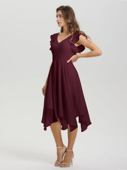 Ruffle Sleeves V-neck Asymmetrical Tea Length Chiffon Bridesmaid Dresses