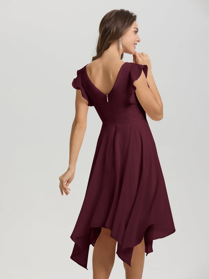 Ruffle Sleeves V-neck Asymmetrical Tea Length Chiffon Bridesmaid Dresses