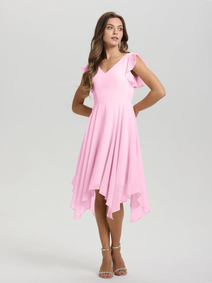 Ruffle Sleeves V-neck Asymmetrical Tea Length Chiffon Bridesmaid Dresses