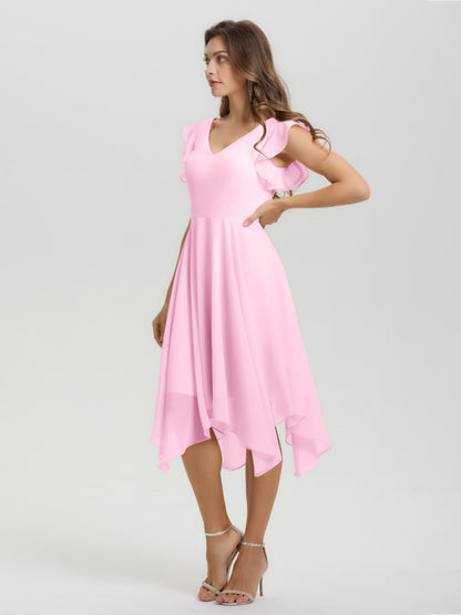 Ruffle Sleeves V-neck Asymmetrical Tea Length Chiffon Bridesmaid Dresses