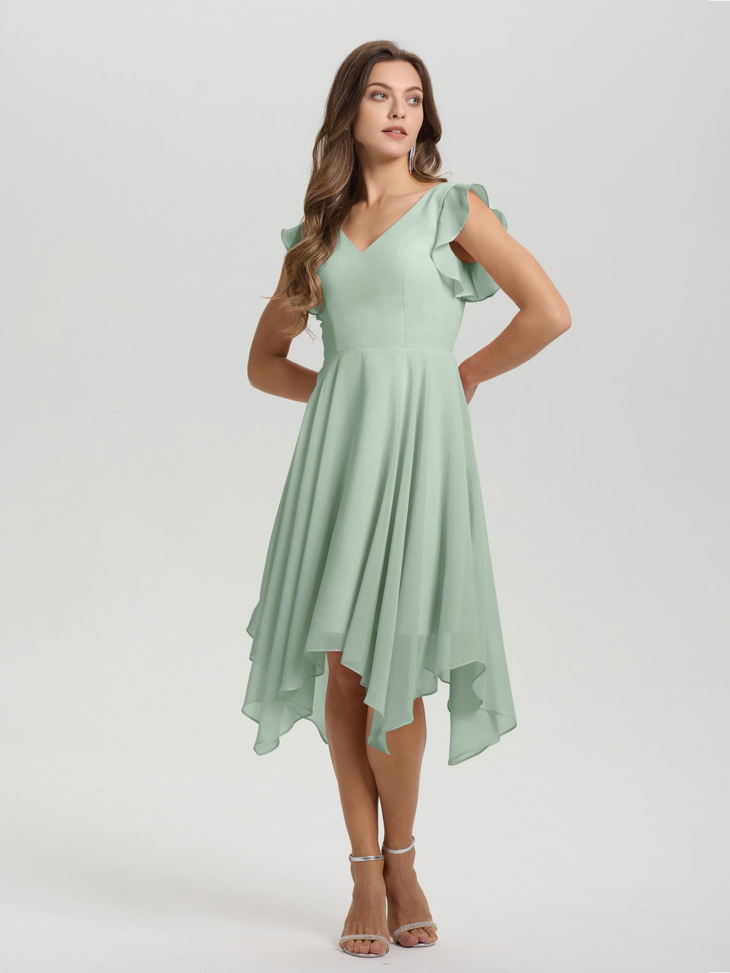 Ruffle Sleeves V-neck Asymmetrical Tea Length Chiffon Bridesmaid Dresses