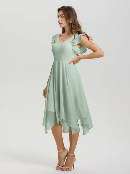 Ruffle Sleeves V-neck Asymmetrical Tea Length Chiffon Bridesmaid Dresses