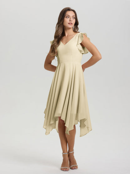 Ruffle Sleeves V-neck Asymmetrical Tea Length Chiffon Bridesmaid Dresses