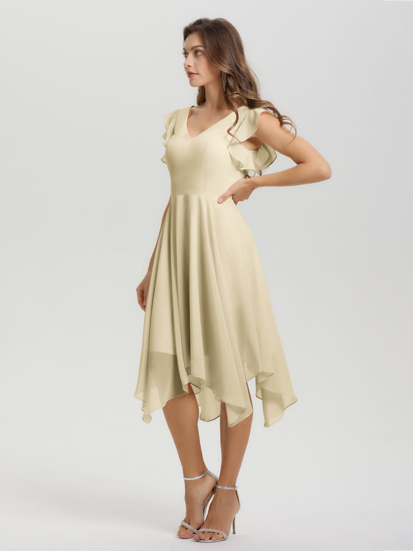 Ruffle Sleeves V-neck Asymmetrical Tea Length Chiffon Bridesmaid Dresses