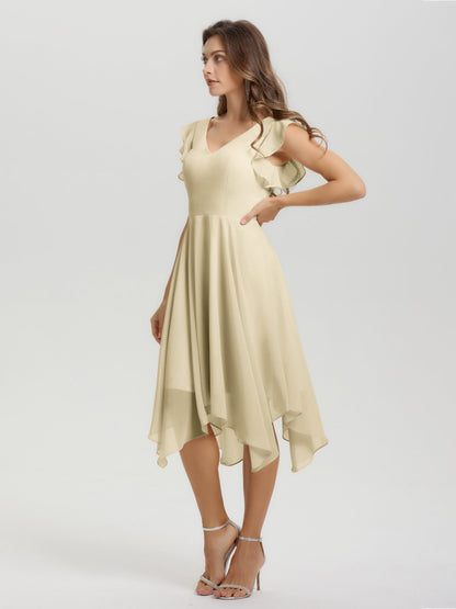 Ruffle Sleeves V-neck Asymmetrical Tea Length Chiffon Bridesmaid Dresses