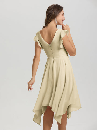 Ruffle Sleeves V-neck Asymmetrical Tea Length Chiffon Bridesmaid Dresses