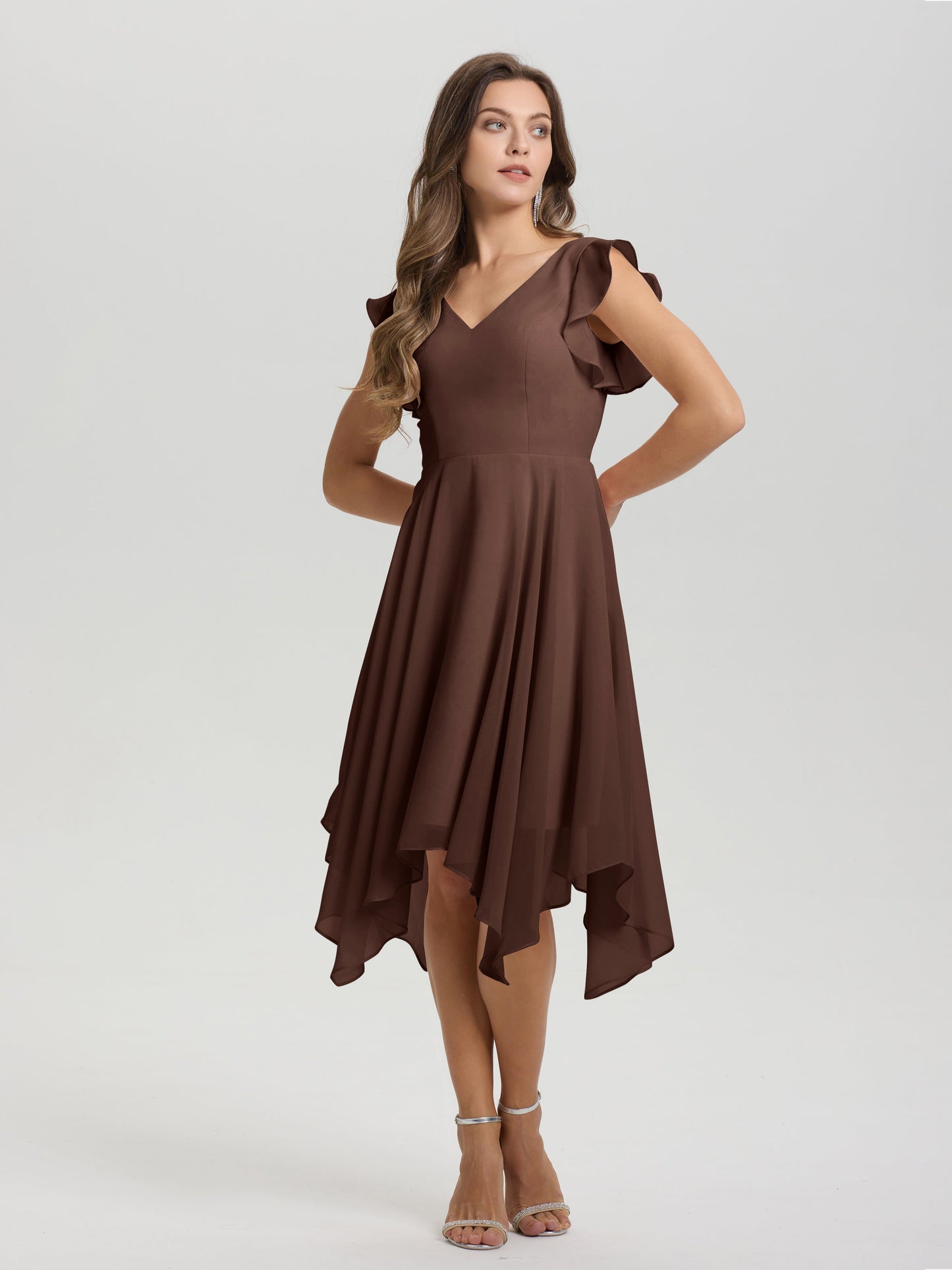 Ruffle Sleeves V-neck Asymmetrical Tea Length Chiffon Bridesmaid Dresses
