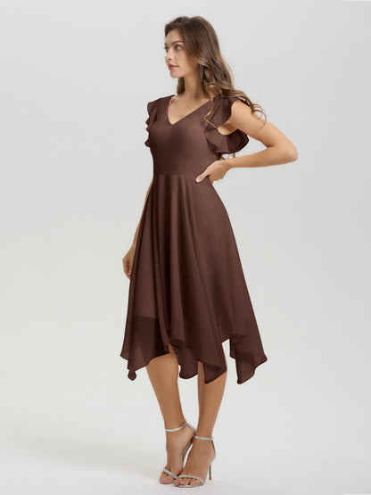 Ruffle Sleeves V-neck Asymmetrical Tea Length Chiffon Bridesmaid Dresses