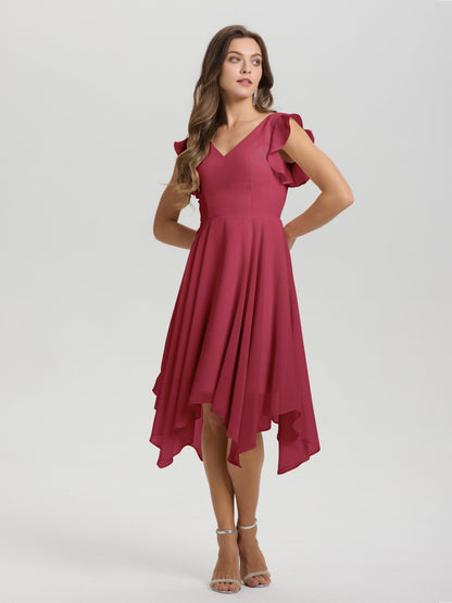 Ruffle Sleeves V-neck Asymmetrical Tea Length Chiffon Bridesmaid Dresses