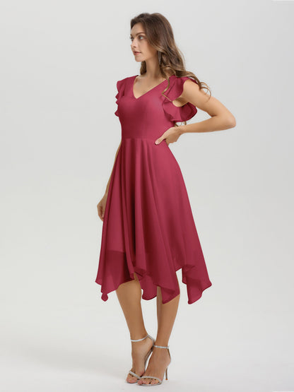 Ruffle Sleeves V-neck Asymmetrical Tea Length Chiffon Bridesmaid Dresses