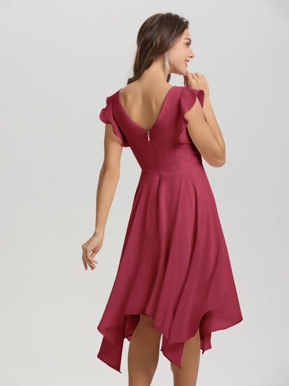 Ruffle Sleeves V-neck Asymmetrical Tea Length Chiffon Bridesmaid Dresses