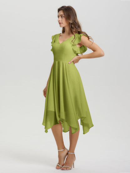 Ruffle Sleeves V-neck Asymmetrical Tea Length Chiffon Bridesmaid Dresses