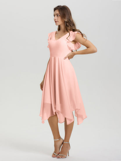 Ruffle Sleeves V-neck Asymmetrical Tea Length Chiffon Bridesmaid Dresses