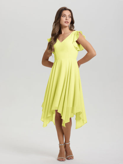 Ruffle Sleeves V-neck Asymmetrical Tea Length Chiffon Bridesmaid Dresses