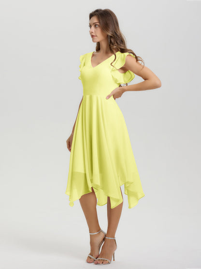 Ruffle Sleeves V-neck Asymmetrical Tea Length Chiffon Bridesmaid Dresses