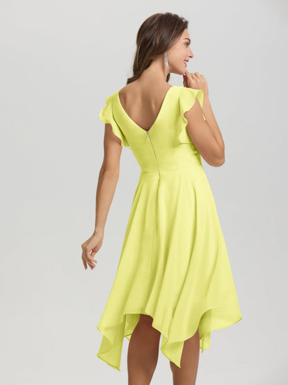 Ruffle Sleeves V-neck Asymmetrical Tea Length Chiffon Bridesmaid Dresses