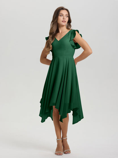 Ruffle Sleeves V-neck Asymmetrical Tea Length Chiffon Bridesmaid Dresses
