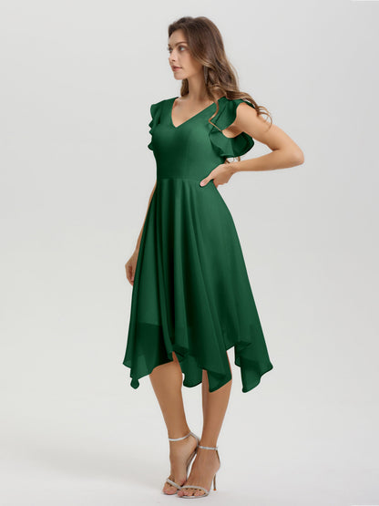 Ruffle Sleeves V-neck Asymmetrical Tea Length Chiffon Bridesmaid Dresses
