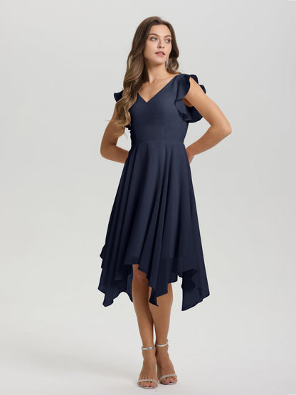 Ruffle Sleeves V-neck Asymmetrical Tea Length Chiffon Bridesmaid Dresses