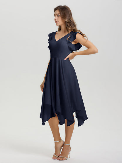 Ruffle Sleeves V-neck Asymmetrical Tea Length Chiffon Bridesmaid Dresses
