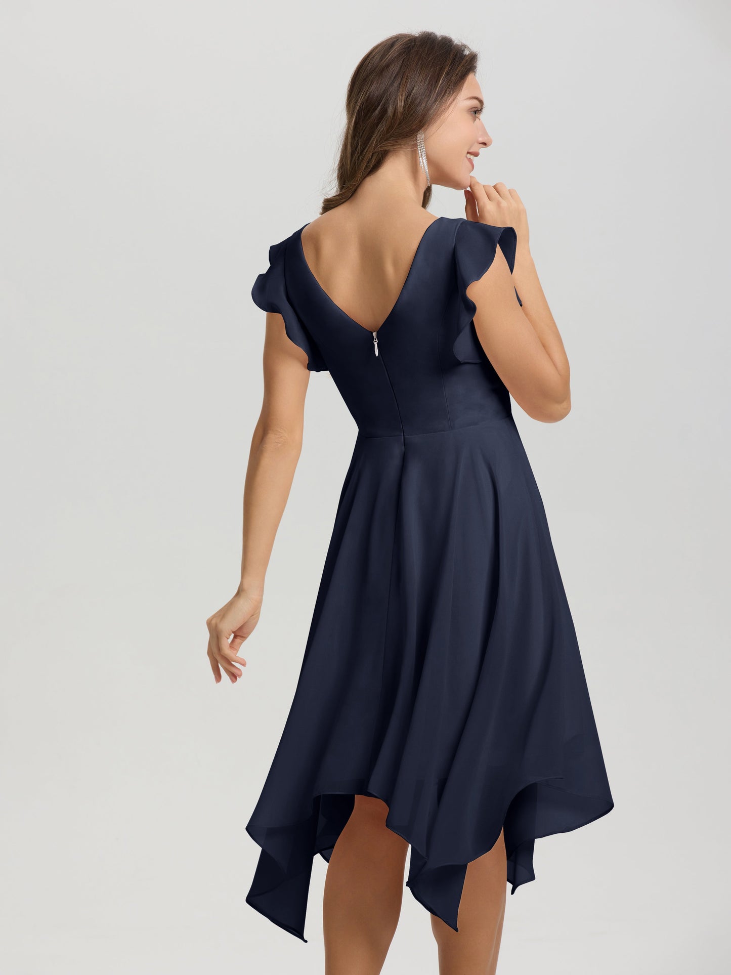 Ruffle Sleeves V-neck Asymmetrical Tea Length Chiffon Bridesmaid Dresses