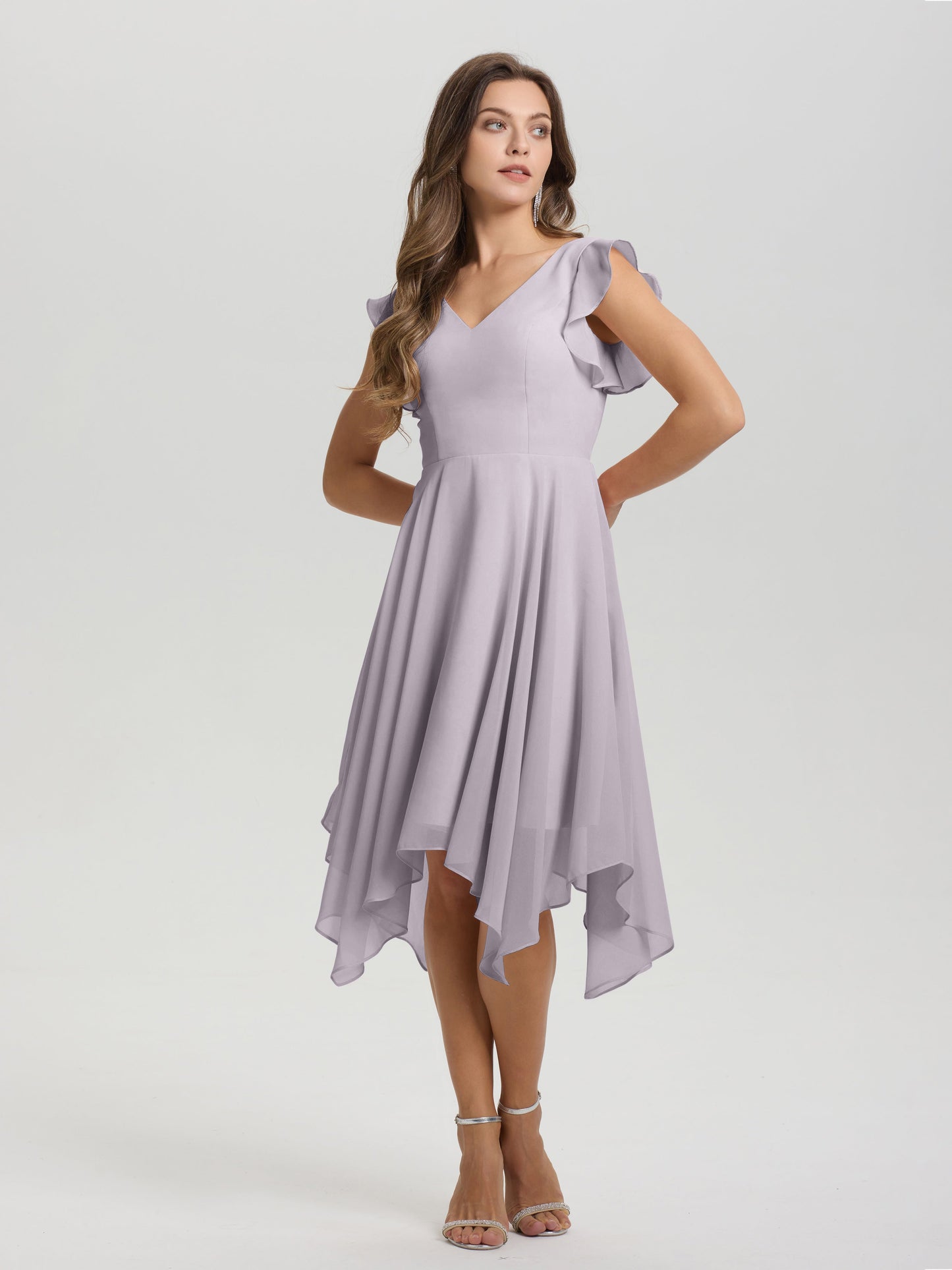 Ruffle Sleeves V-neck Asymmetrical Tea Length Chiffon Bridesmaid Dresses