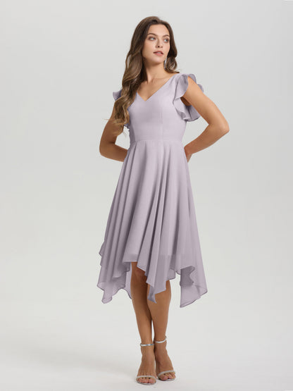 Ruffle Sleeves V-neck Asymmetrical Tea Length Chiffon Bridesmaid Dresses