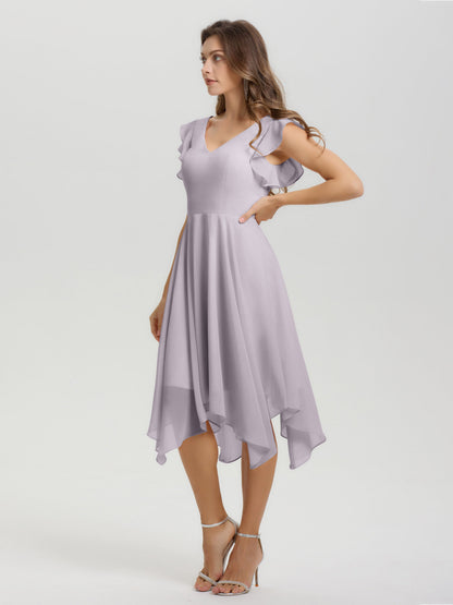 Ruffle Sleeves V-neck Asymmetrical Tea Length Chiffon Bridesmaid Dresses