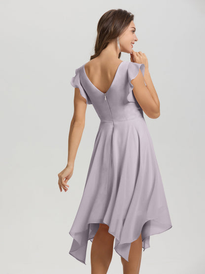 Ruffle Sleeves V-neck Asymmetrical Tea Length Chiffon Bridesmaid Dresses