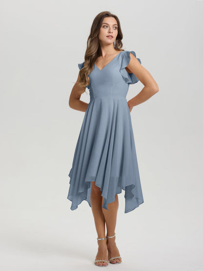 Ruffle Sleeves V-neck Asymmetrical Tea Length Chiffon Bridesmaid Dresses