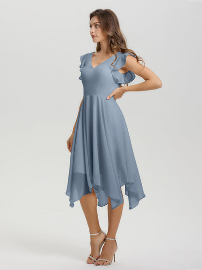 Ruffle Sleeves V-neck Asymmetrical Tea Length Chiffon Bridesmaid Dresses