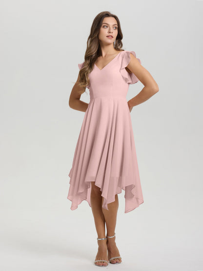 Ruffle Sleeves V-neck Asymmetrical Tea Length Chiffon Bridesmaid Dresses